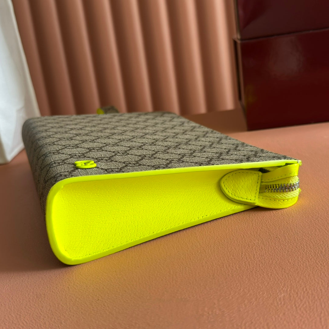 GG Small Bicolor Supreme Pouch Neon Beige Canvas Leather