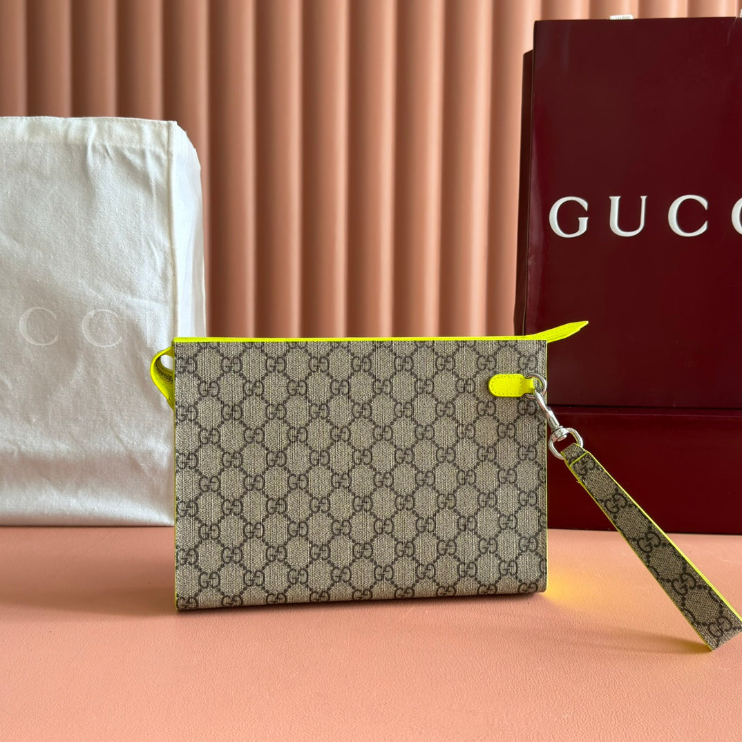 GG Small Bicolor Supreme Pouch Neon Beige Canvas Leather