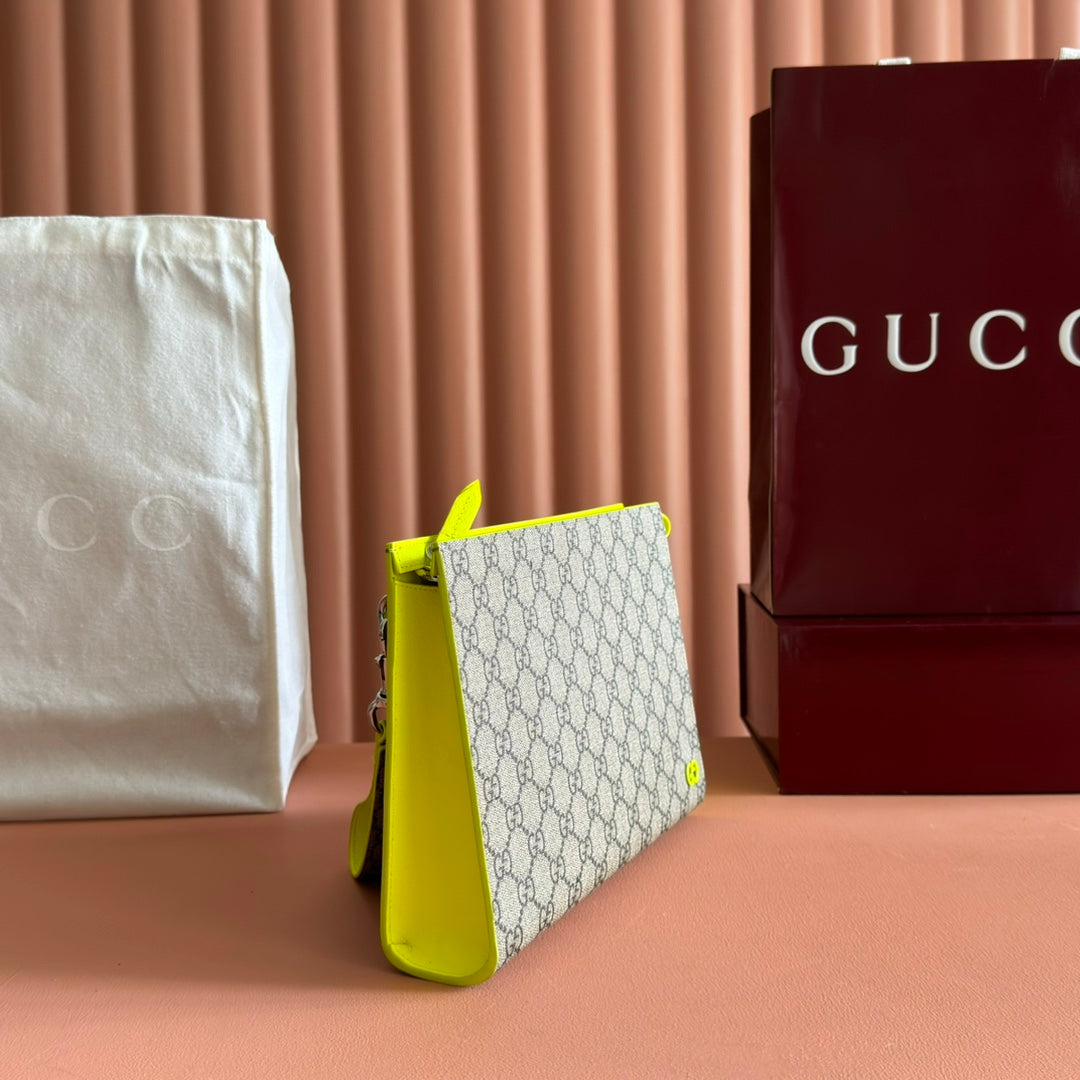 GG Small Bicolor Supreme Pouch Neon Beige Canvas Leather