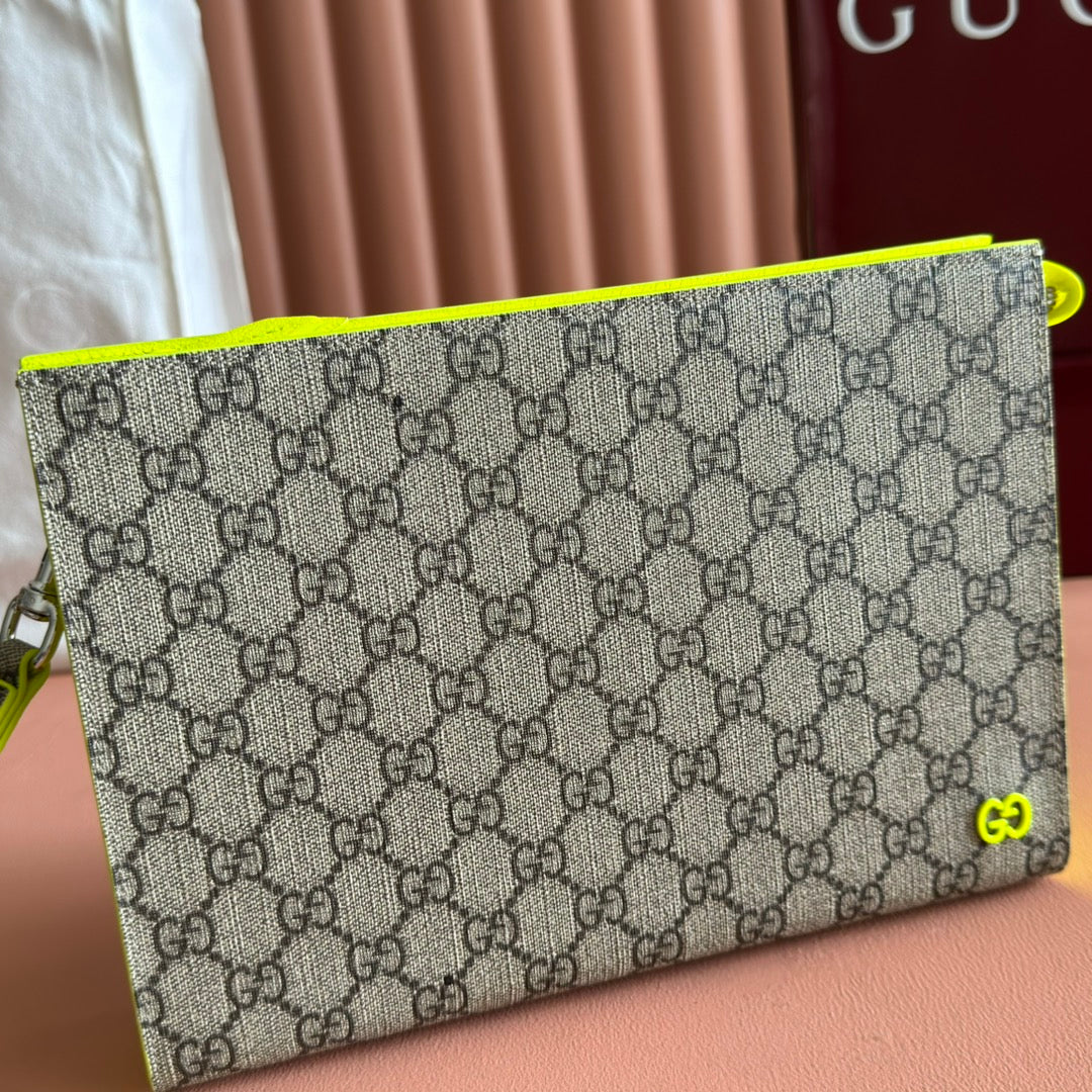GG Small Bicolor Supreme Pouch Neon Beige Canvas Leather