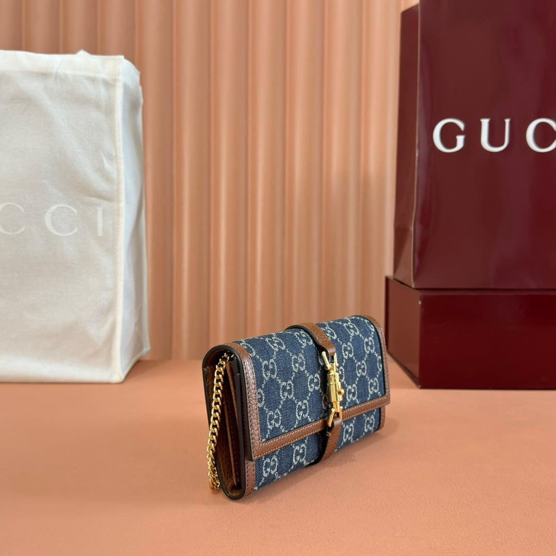GG Jackie 1961 Chain Wallet Brown Blue Denim Cowhide