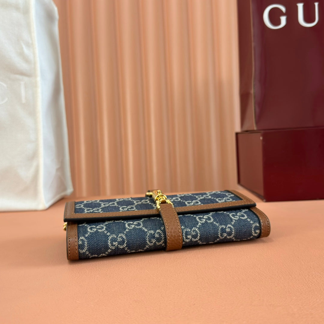 GG Jackie 1961 Chain Wallet Brown Blue Denim Cowhide