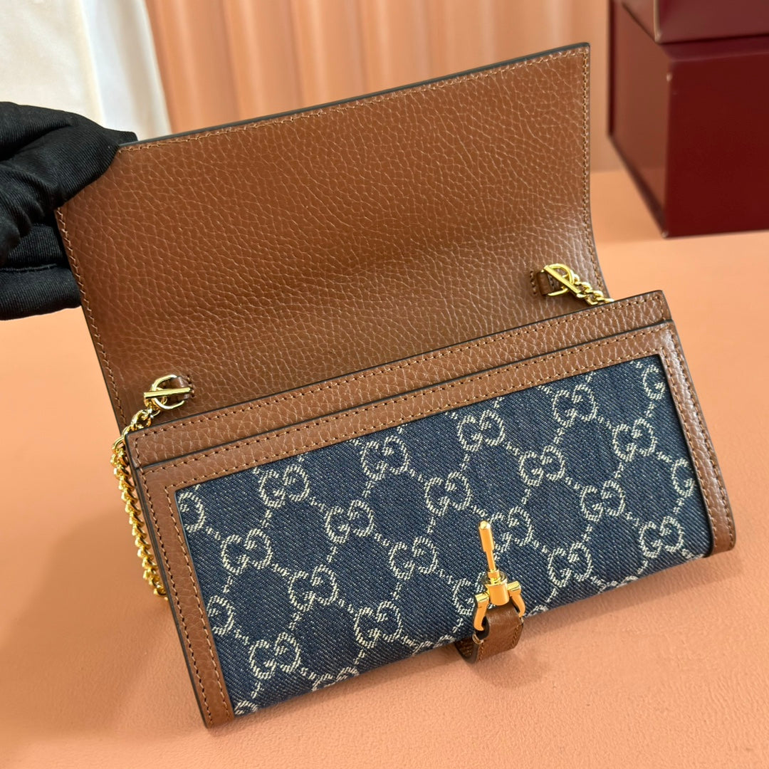 GG Jackie 1961 Chain Wallet Brown Blue Denim Cowhide