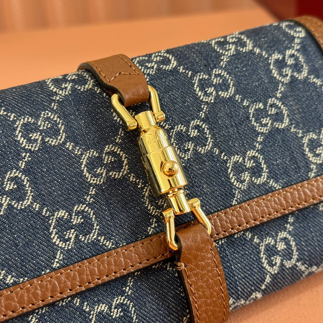 GG Jackie 1961 Chain Wallet Brown Blue Denim Cowhide