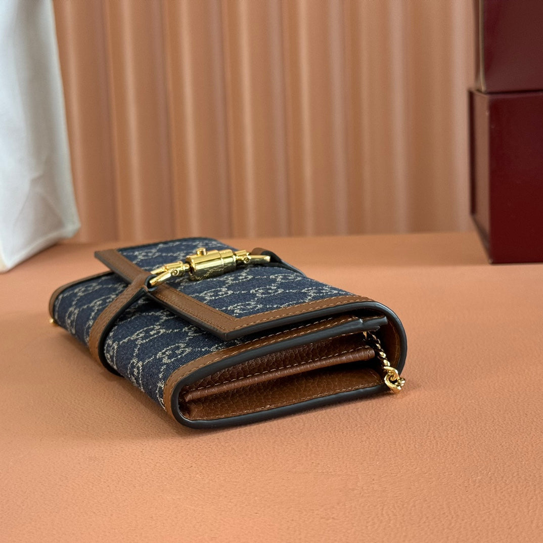 GG Jackie 1961 Chain Wallet Brown Blue Denim Cowhide
