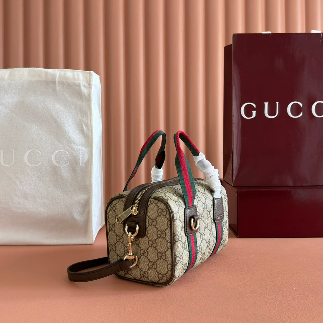 Gucci Boston Bag 20 Brown Beige Taupe Canvas Leather 285237
