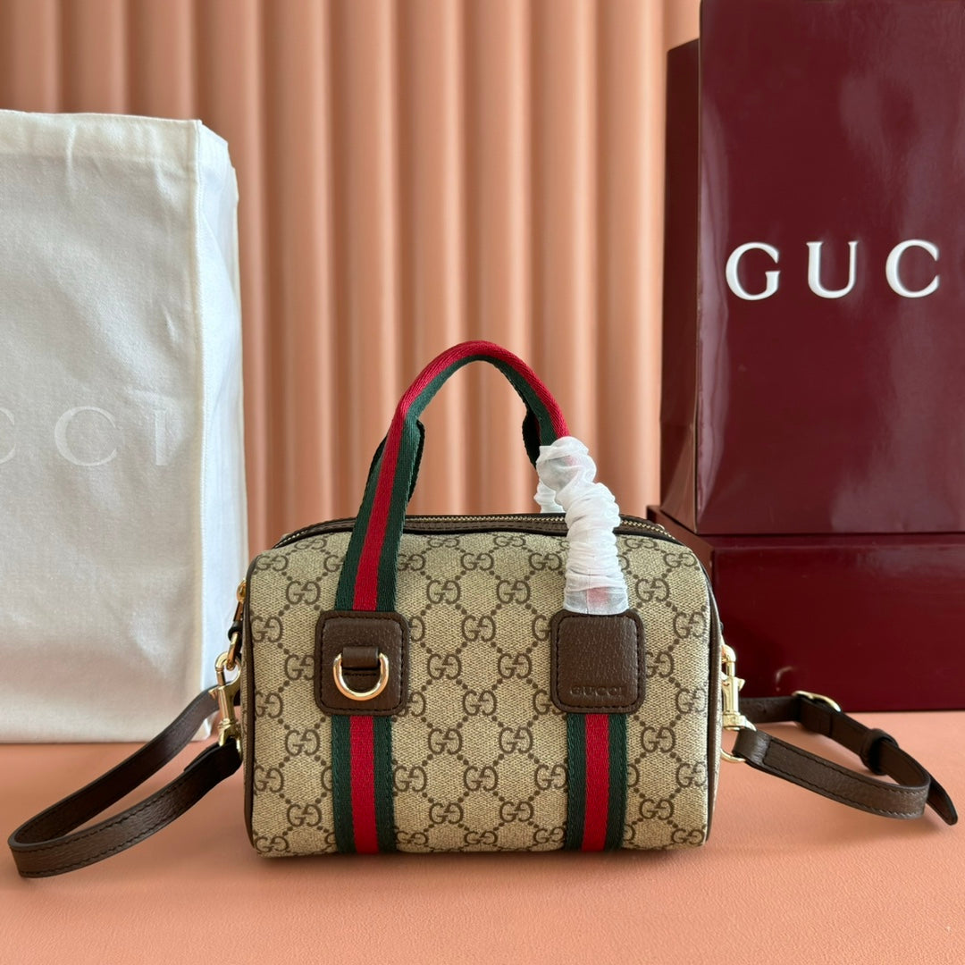 Gucci Boston Bag 20 Brown Beige Taupe Canvas Leather 285237