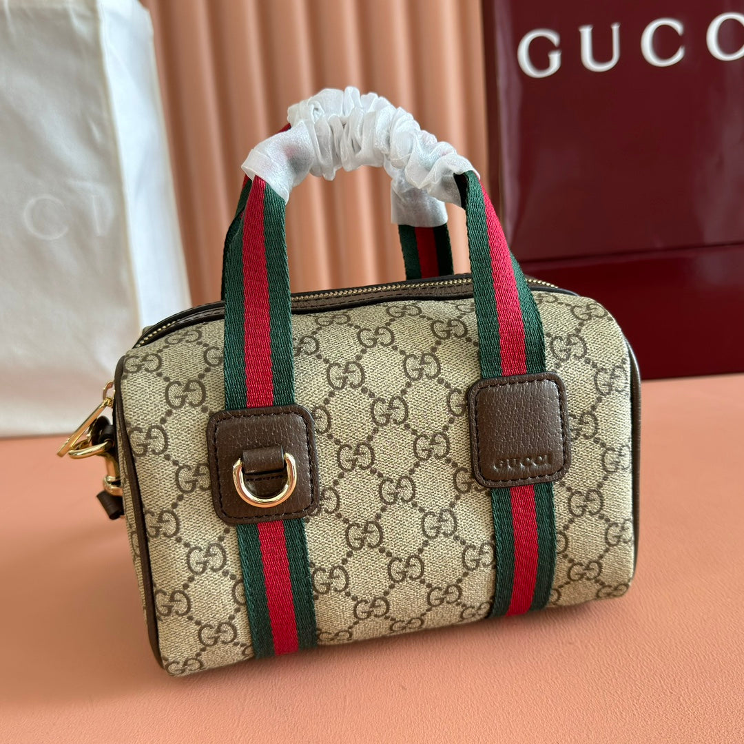 Gucci Boston Bag 20 Brown Beige Taupe Canvas Leather 285237