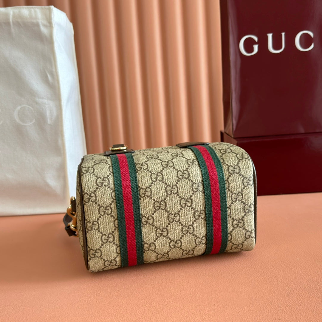 Gucci Boston Bag 20 Brown Beige Taupe Canvas Leather 285237