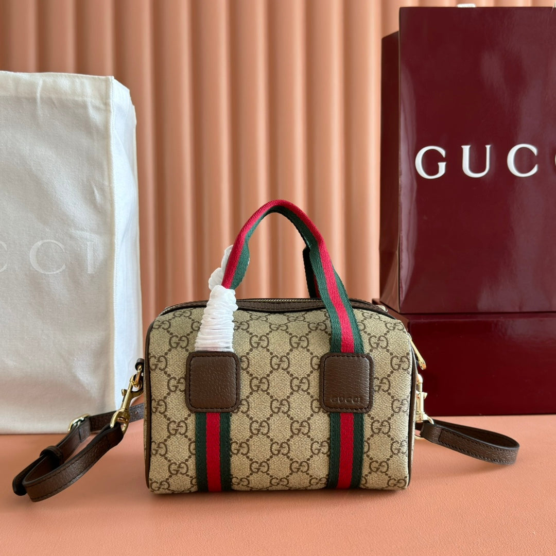 Gucci Boston Bag 20 Brown Beige Taupe Canvas Leather 285237