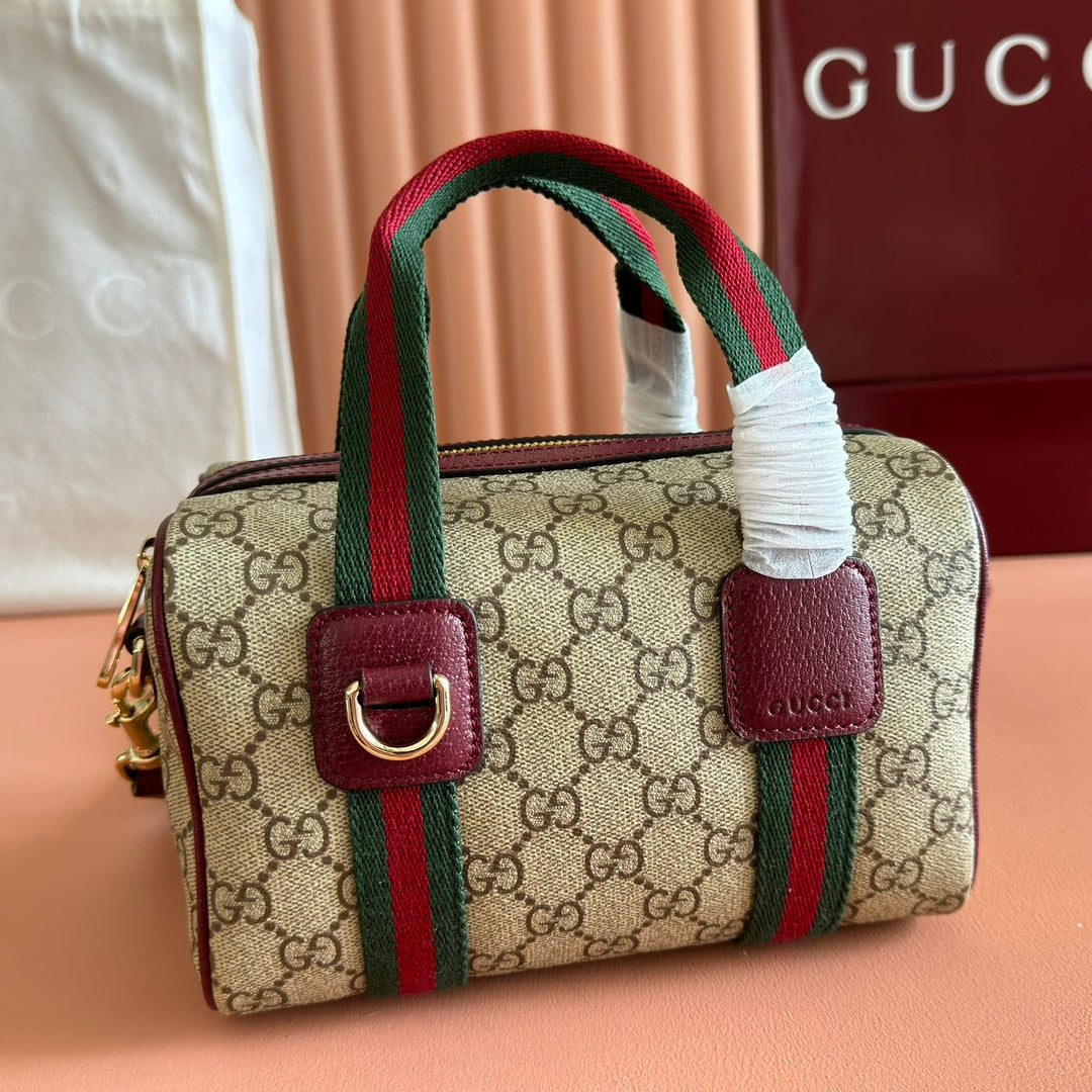 Gucci Boston Bag 20 Brown Beige Burgundy Canvas Leather 285238