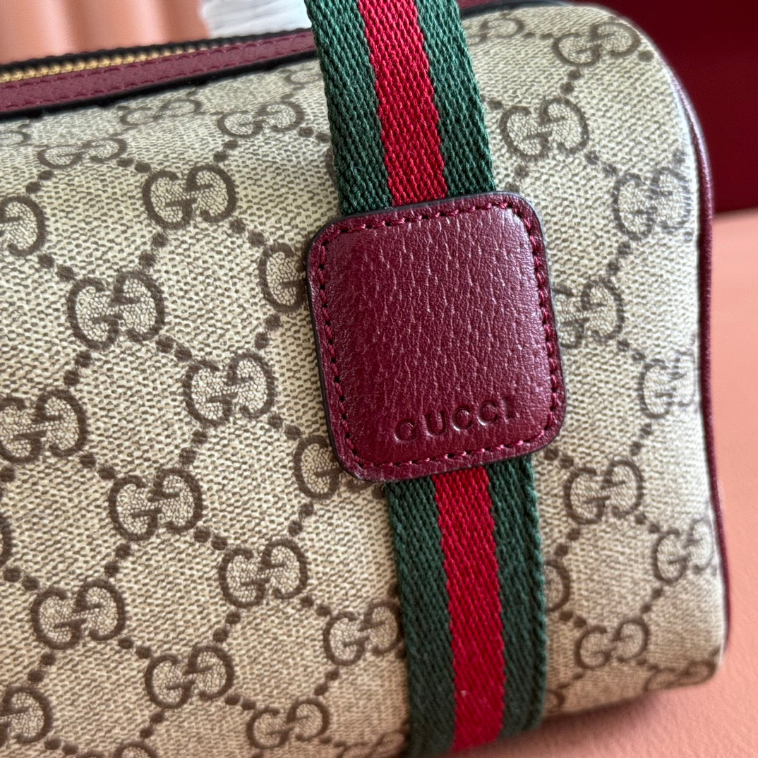 Gucci Boston Bag 20 Brown Beige Burgundy Canvas Leather 285238