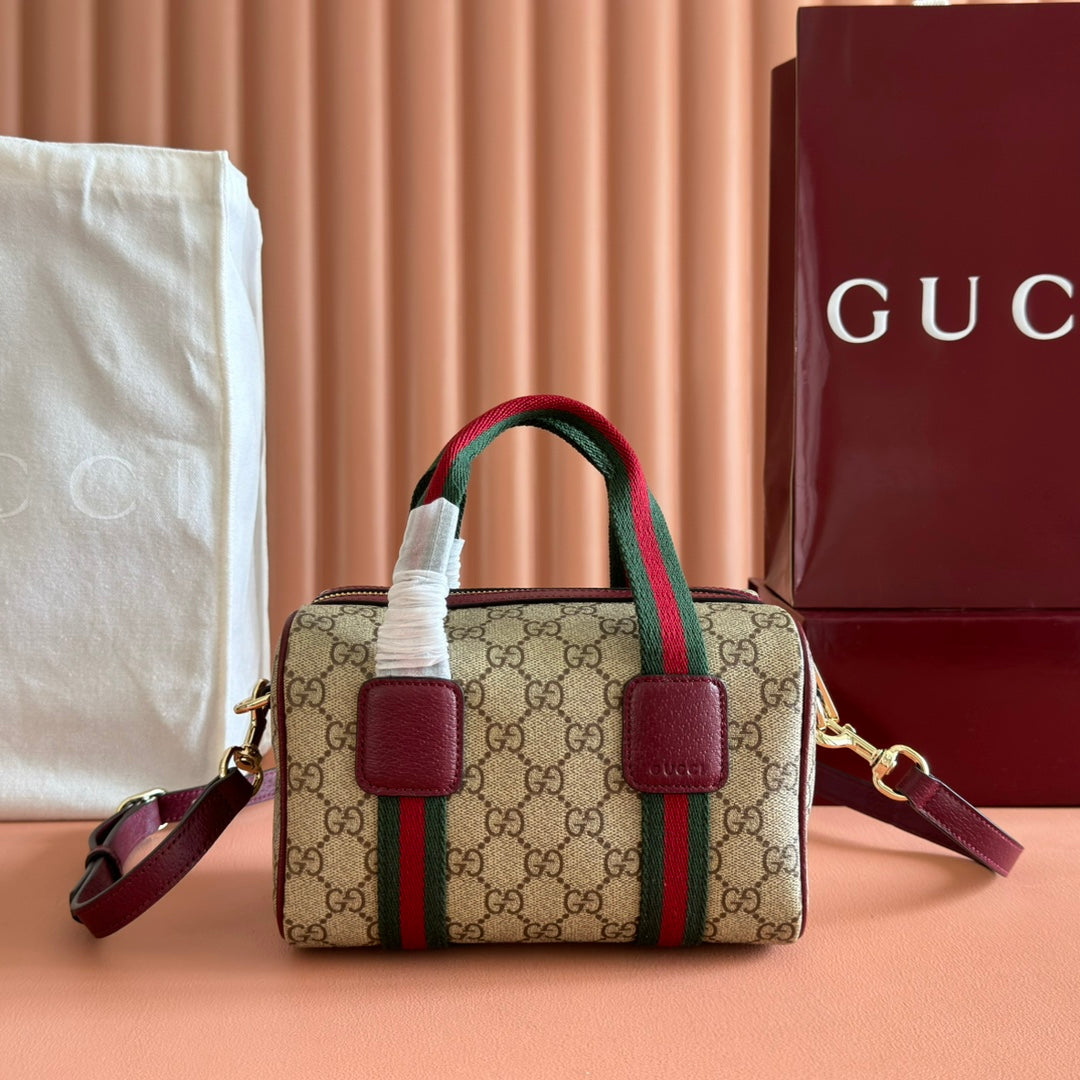 Gucci Boston Bag 20 Brown Beige Burgundy Canvas Leather 285238