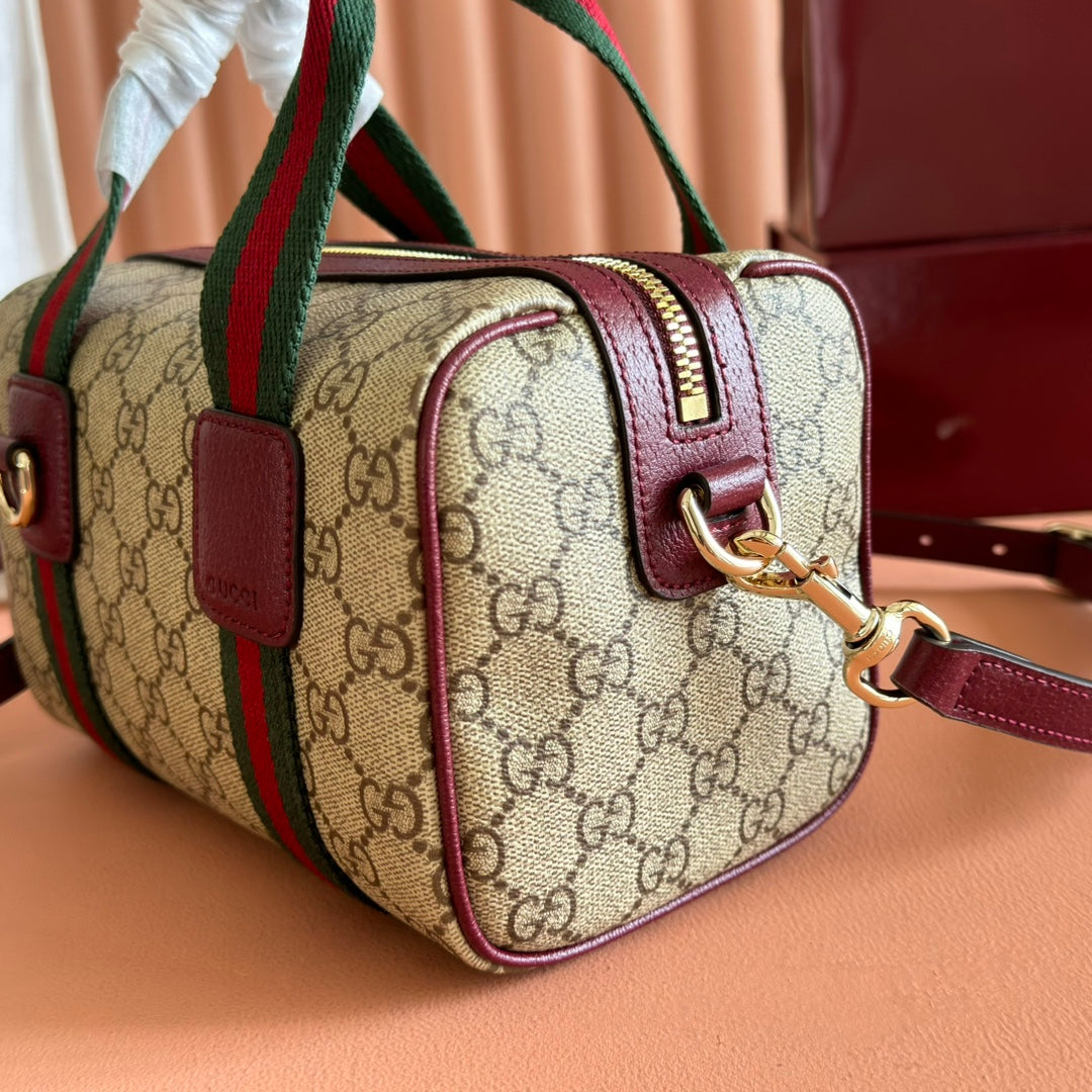 Gucci Boston Bag 20 Brown Beige Burgundy Canvas Leather 285238
