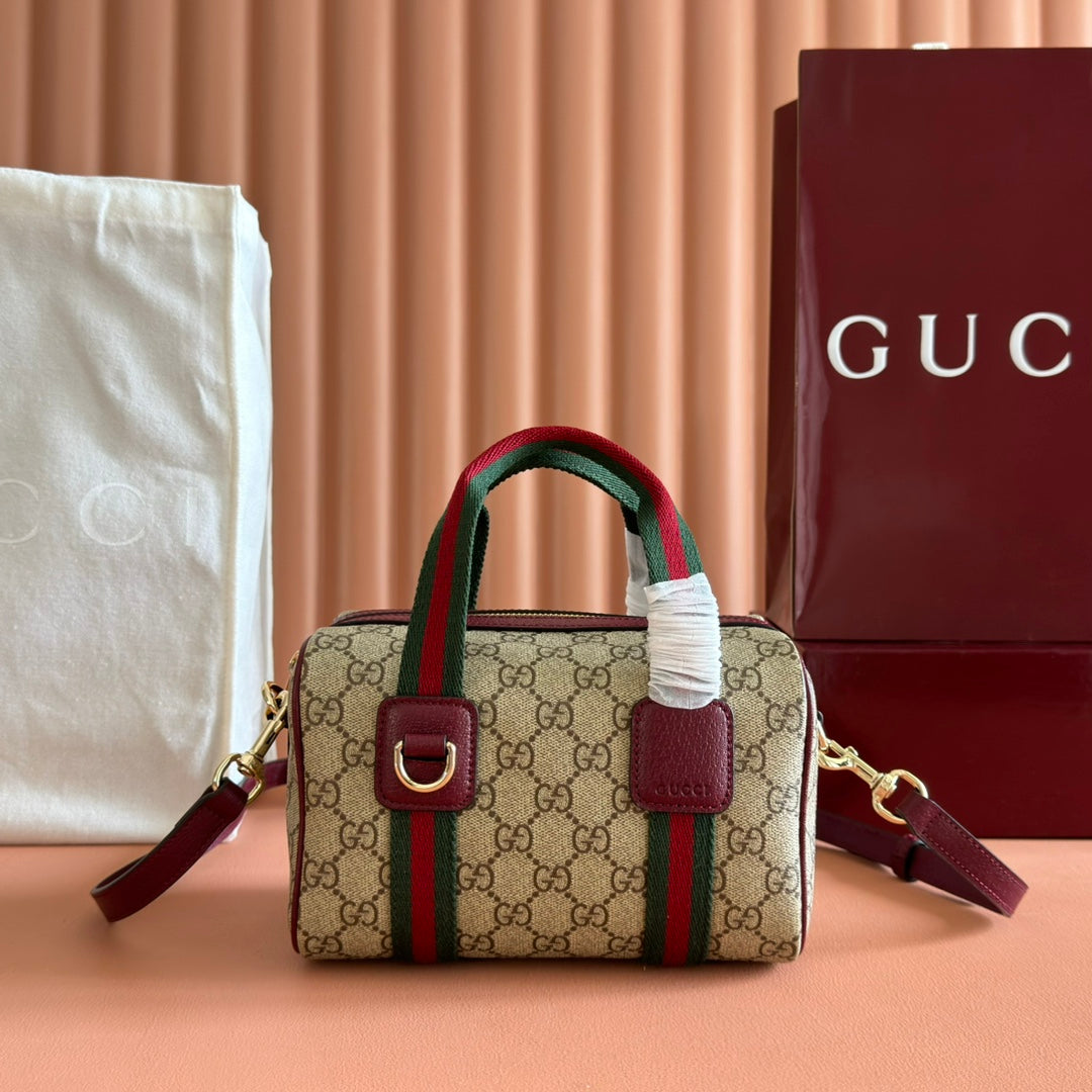 Gucci Boston Bag 20 Brown Beige Burgundy Canvas Leather 285238