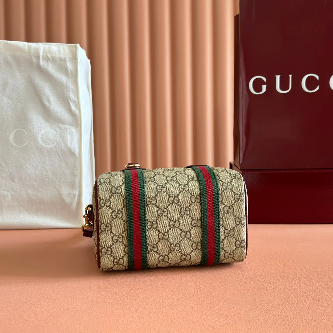 Gucci Boston Bag 20 Brown Beige Burgundy Canvas Leather 285238