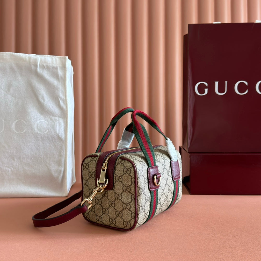Gucci Boston Bag 20 Brown Beige Burgundy Canvas Leather 285238