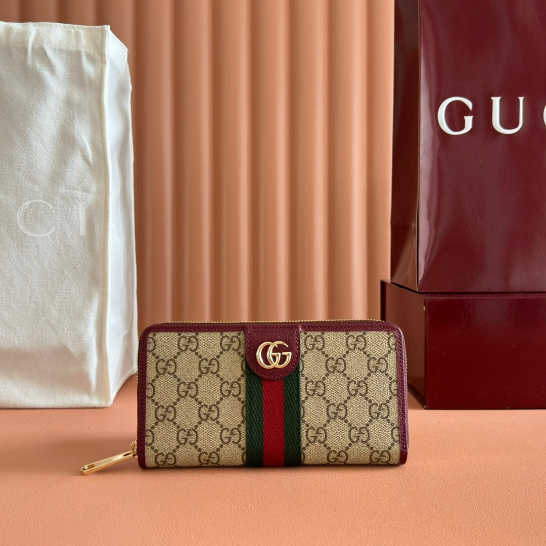 GG Ophidia Zip Around Wallet Burgundy Brown Beige Canvas Leather