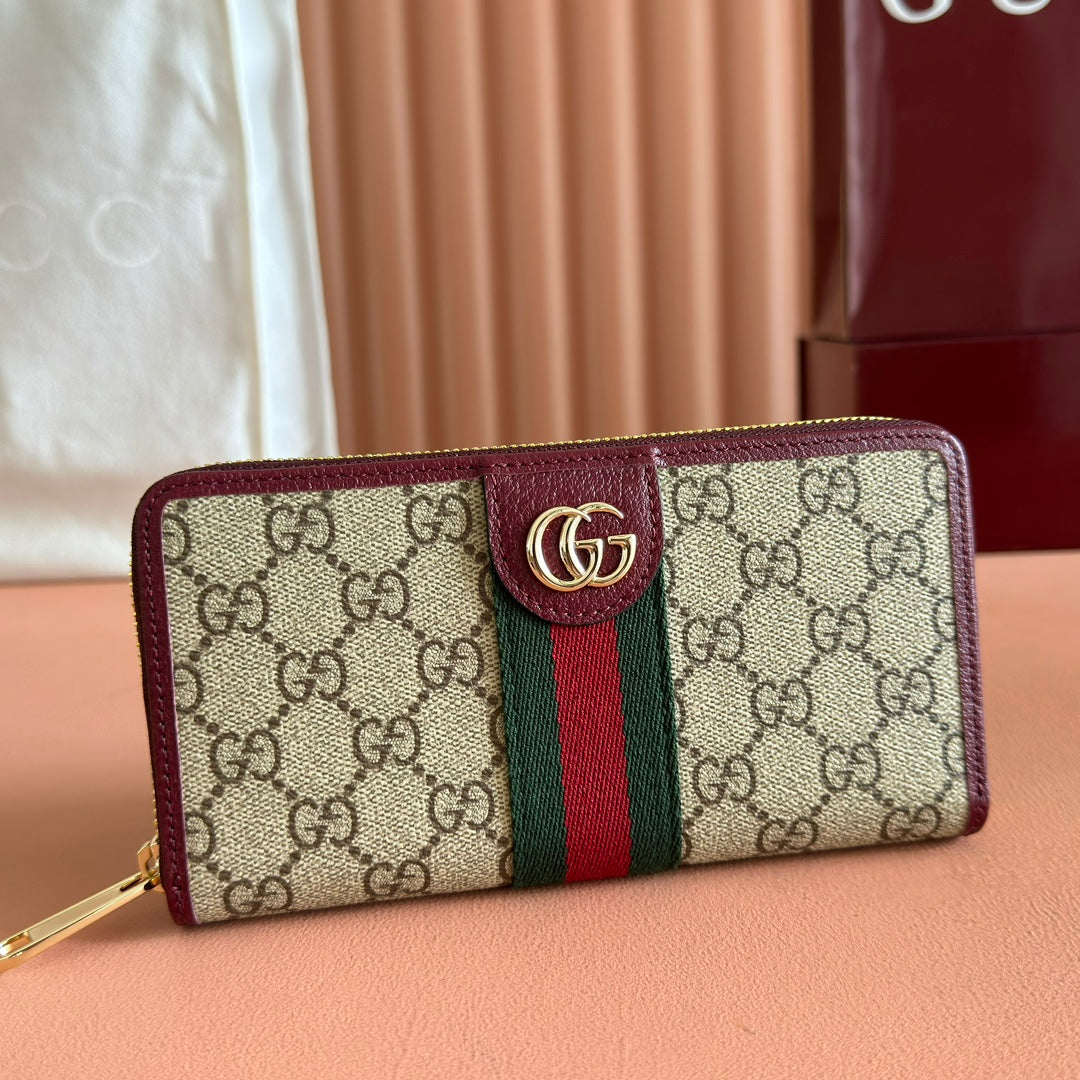 GG Ophidia Zip Around Wallet Burgundy Brown Beige Canvas Leather