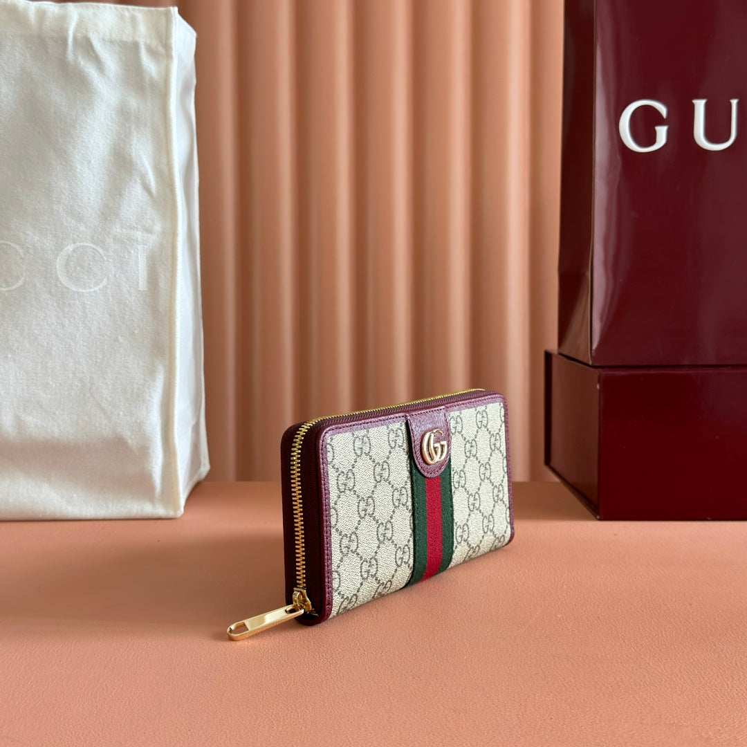 GG Ophidia Zip Around Wallet Burgundy Brown Beige Canvas Leather