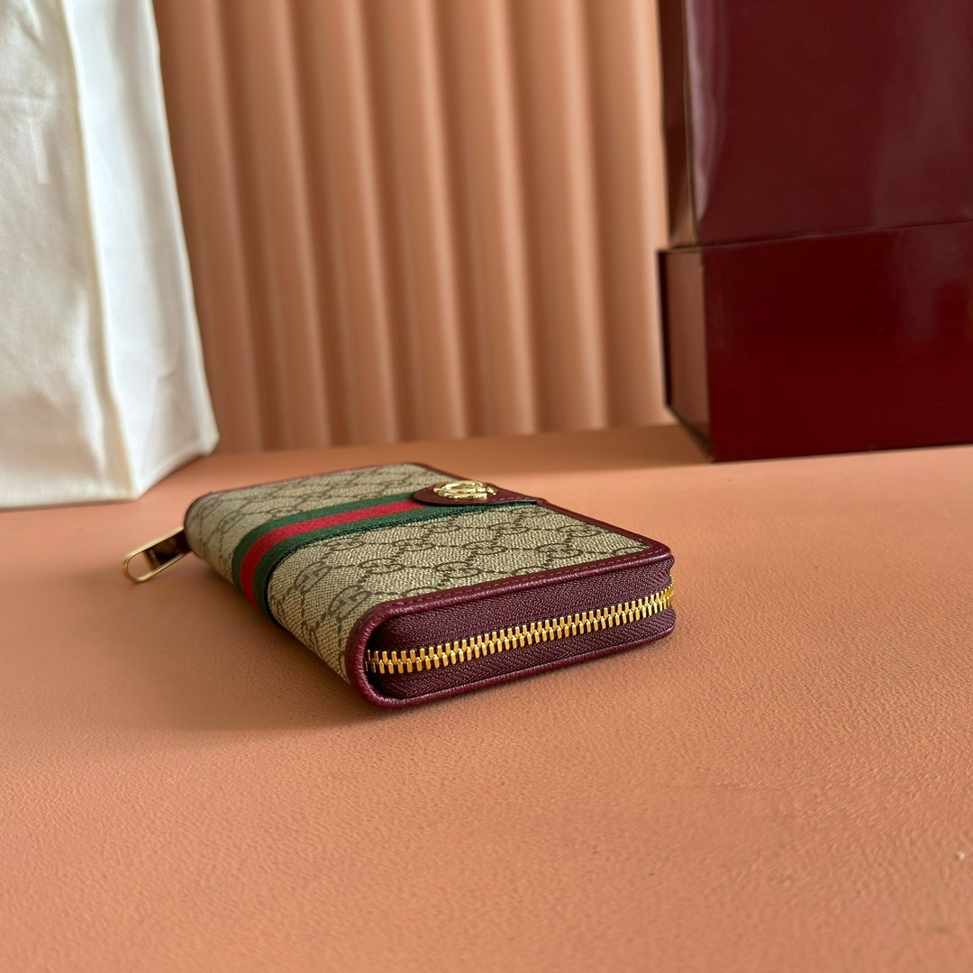 GG Ophidia Zip Around Wallet Burgundy Brown Beige Canvas Leather