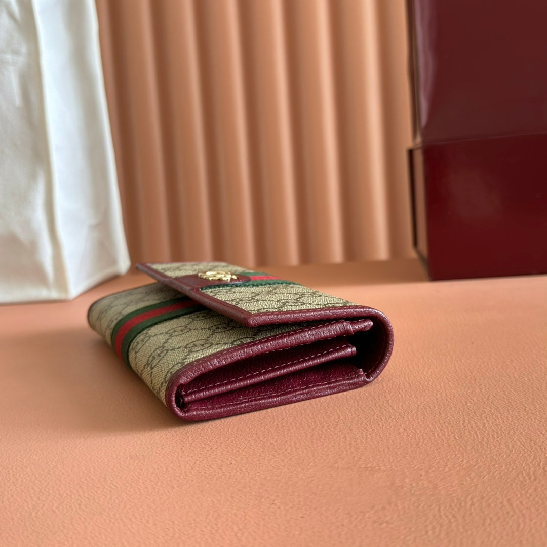 GG Ophidia Continental Wallet Burgundy Brown Beige Canvas Leather