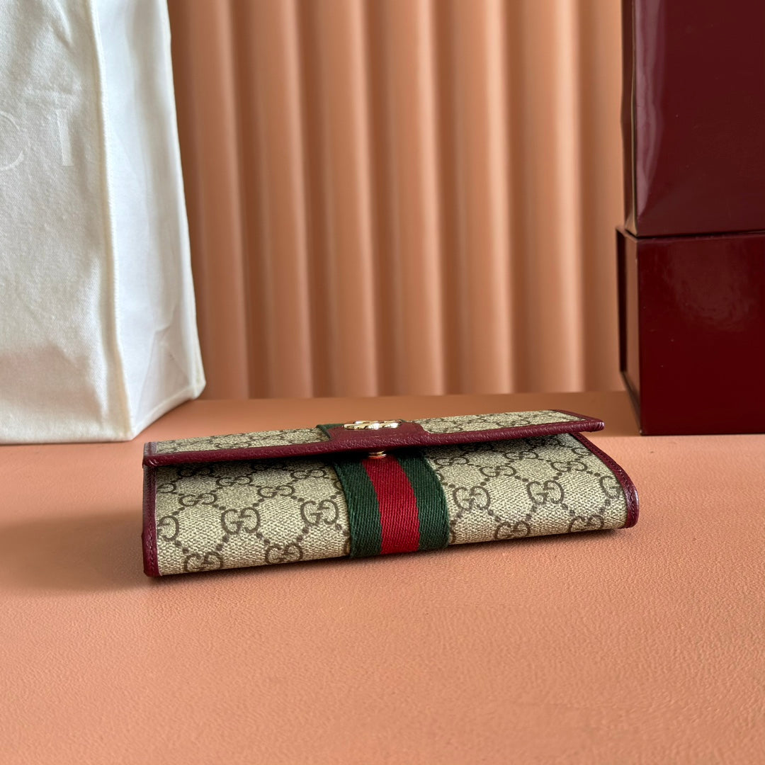 GG Ophidia Continental Wallet Burgundy Brown Beige Canvas Leather