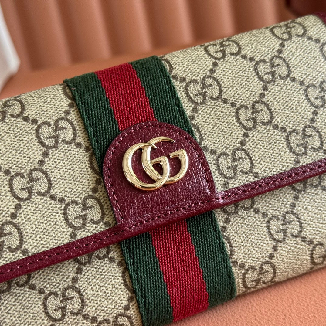 GG Ophidia Continental Wallet Burgundy Brown Beige Canvas Leather