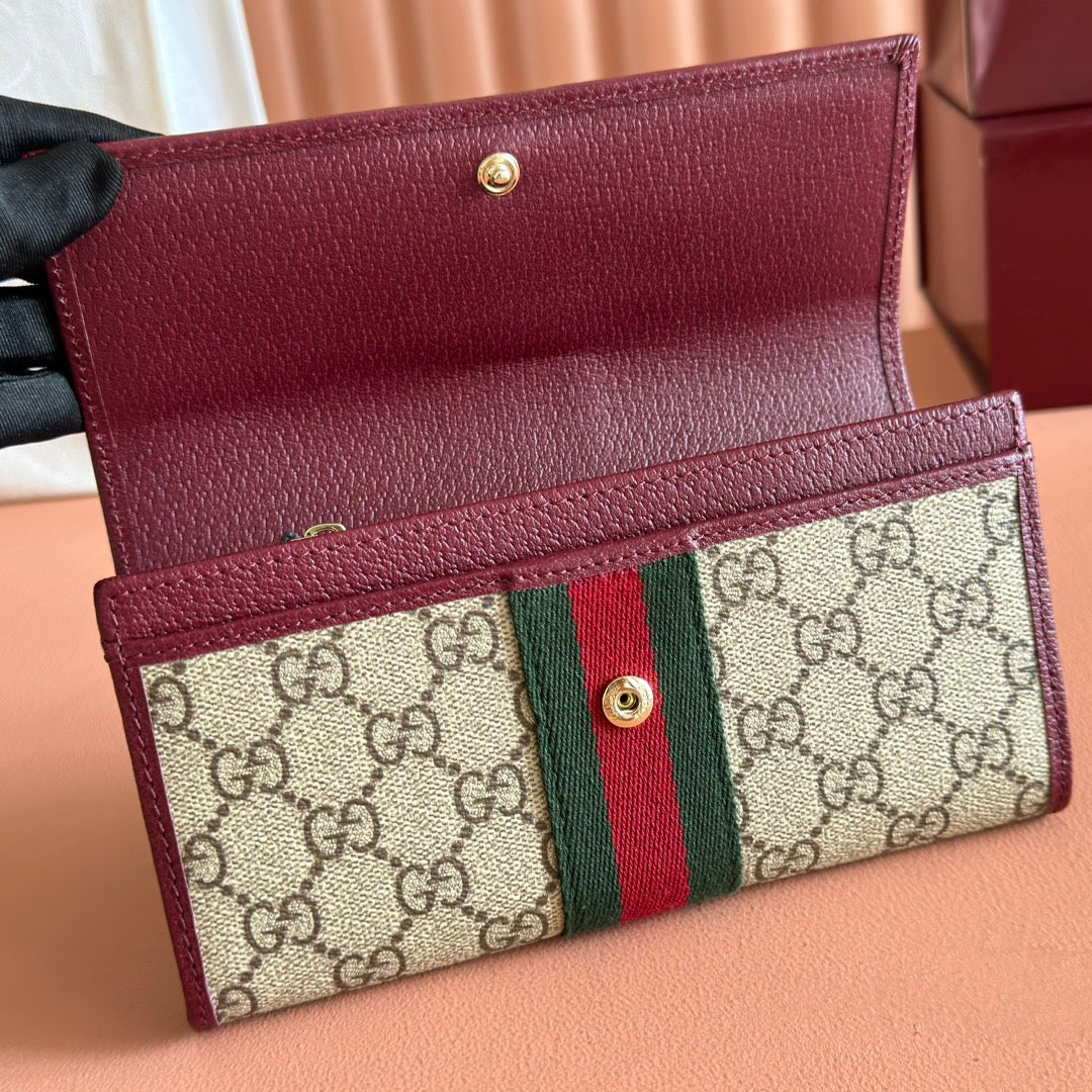GG Ophidia Continental Wallet Burgundy Brown Beige Canvas Leather