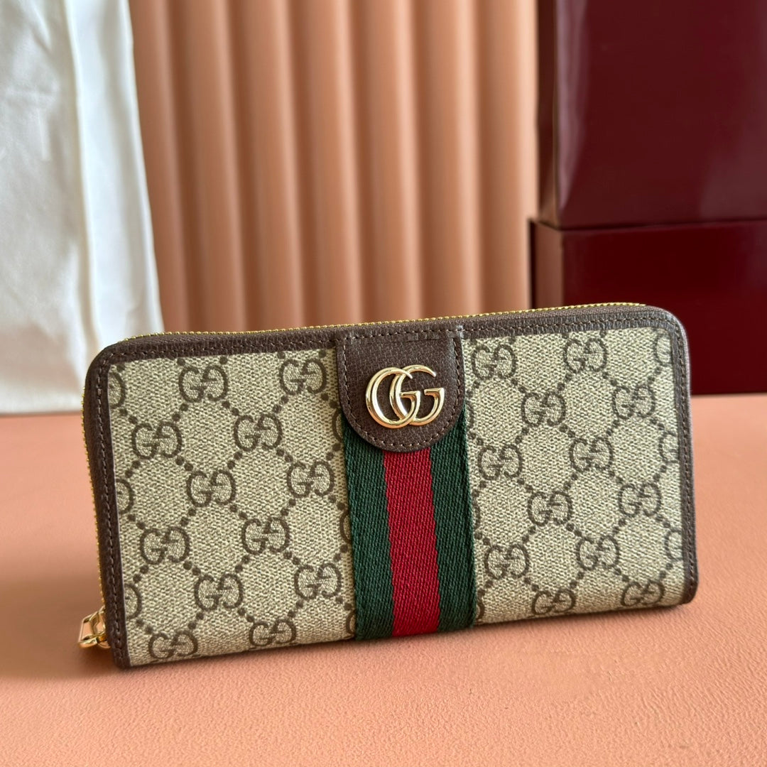 GG Ophidia Zip Around Wallet Brown Beige Canvas Leather