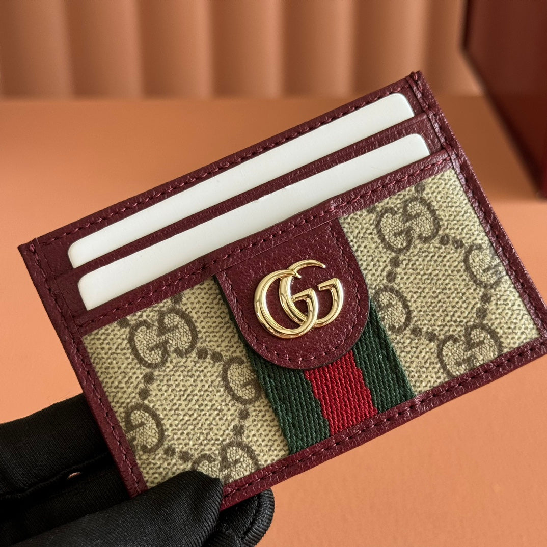 GG Ophidia Card Holder Burgundy Brown Beige Canvas Leather