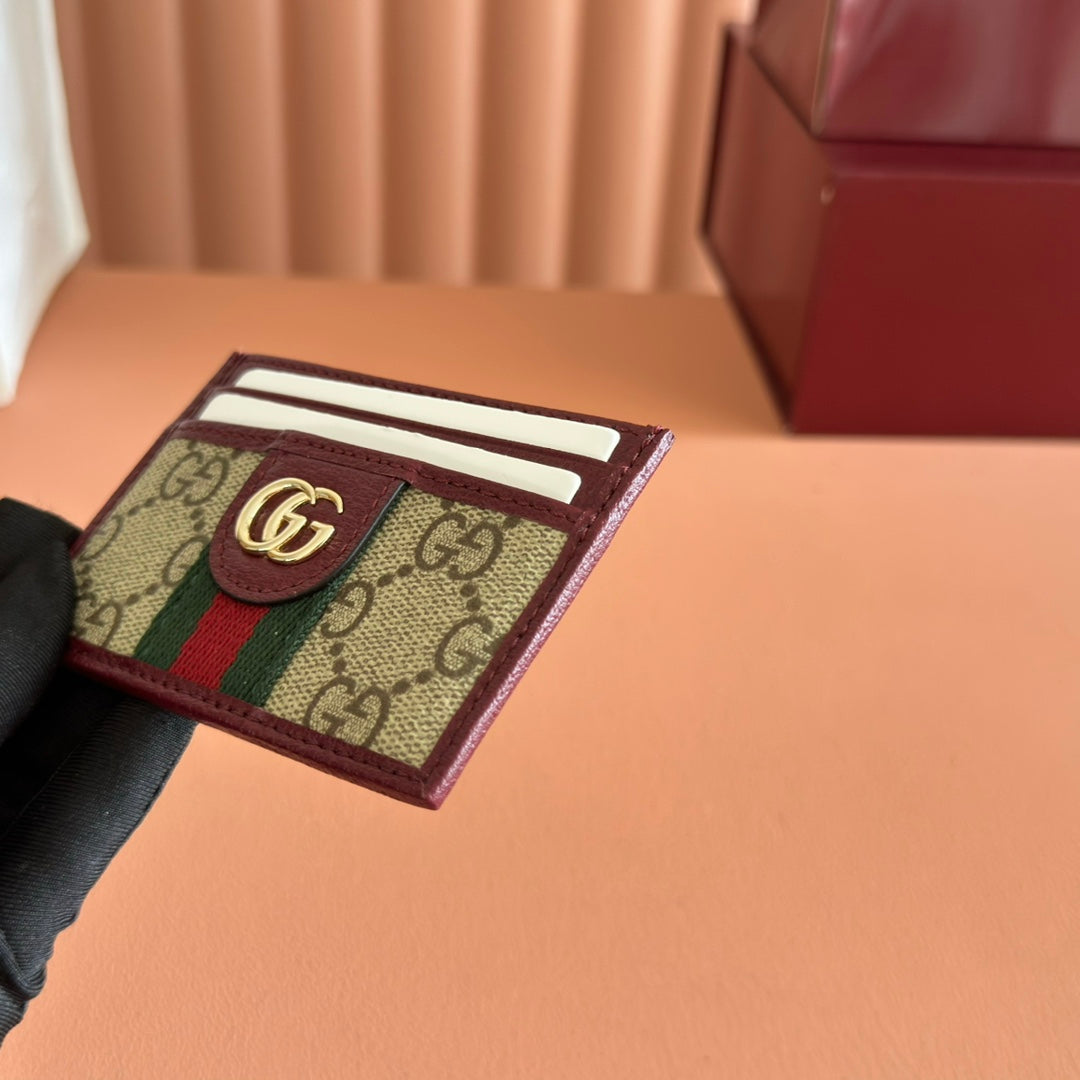GG Ophidia Card Holder Burgundy Brown Beige Canvas Leather