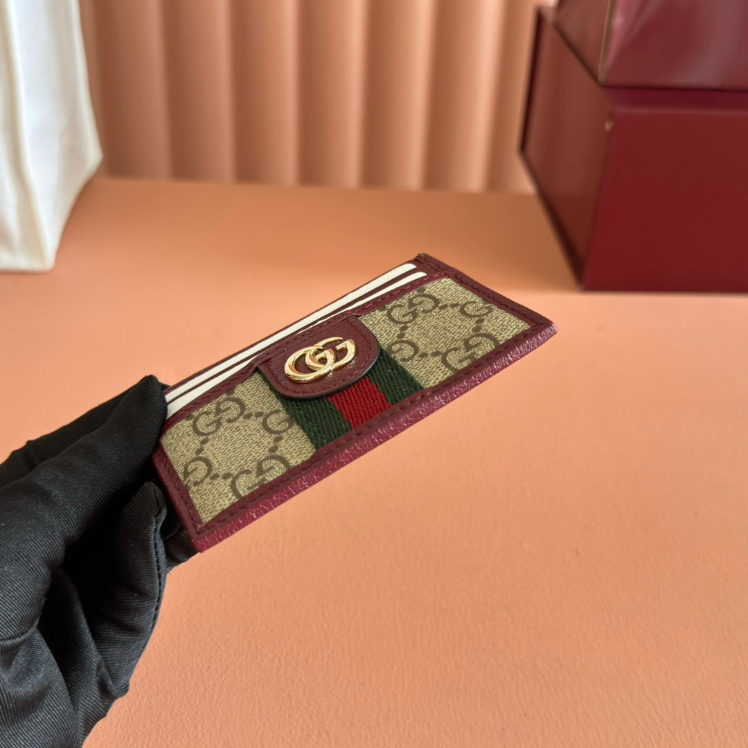 GG Ophidia Card Holder Burgundy Brown Beige Canvas Leather