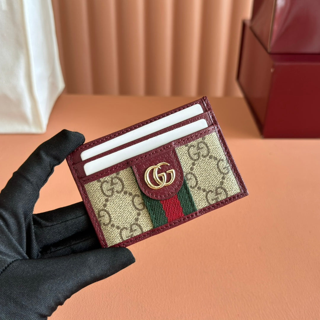 GG Ophidia Card Holder Burgundy Brown Beige Canvas Leather