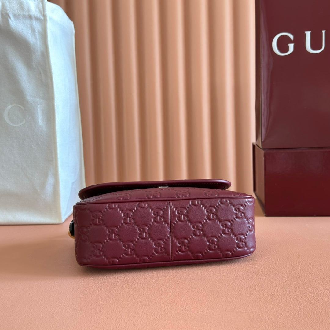 GG Emblem Medium Shoulder Bag Burgundy Embossed Cowhide