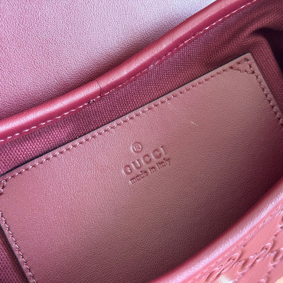GG Emblem Medium Shoulder Bag Burgundy Embossed Cowhide