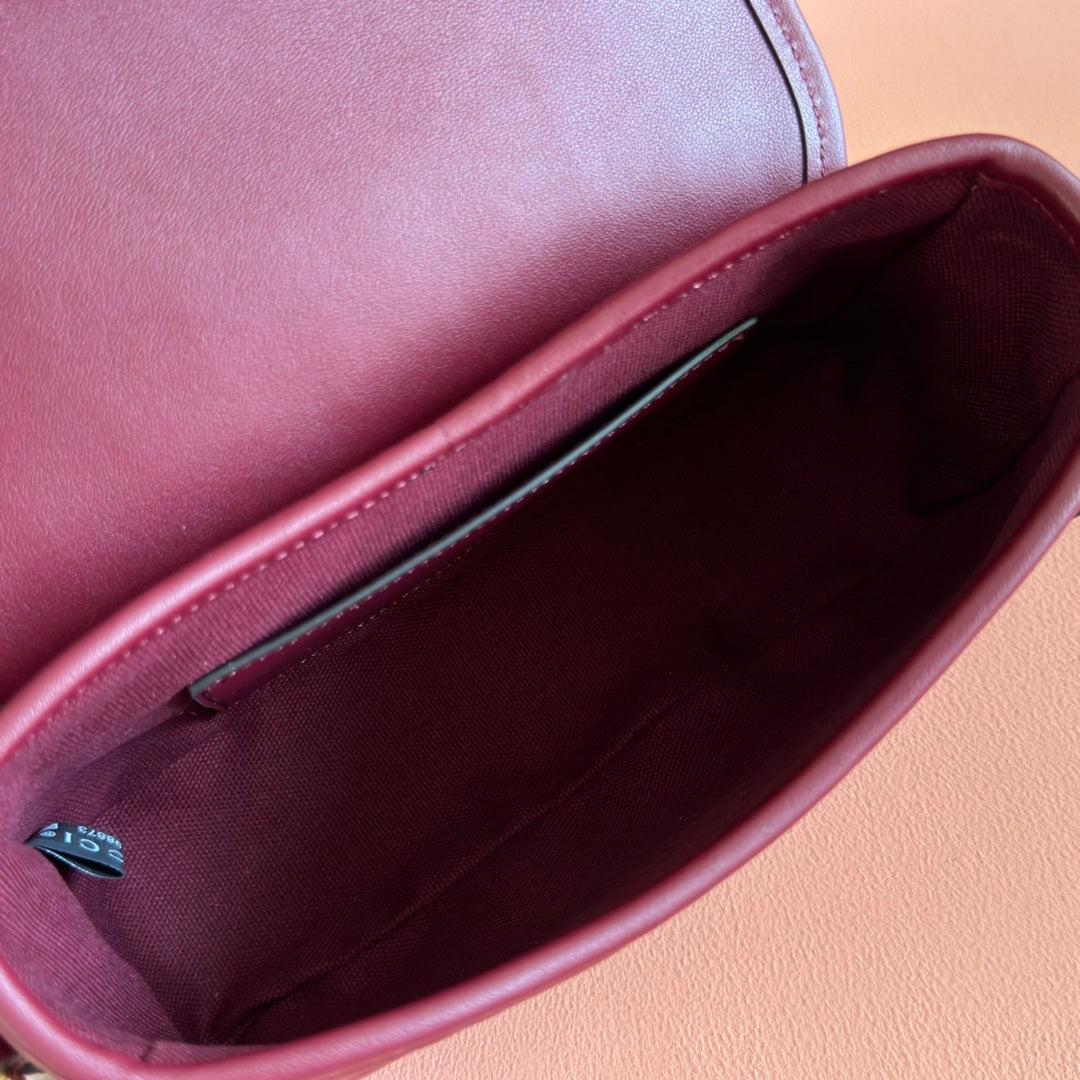 GG Emblem Medium Shoulder Bag Burgundy Embossed Cowhide