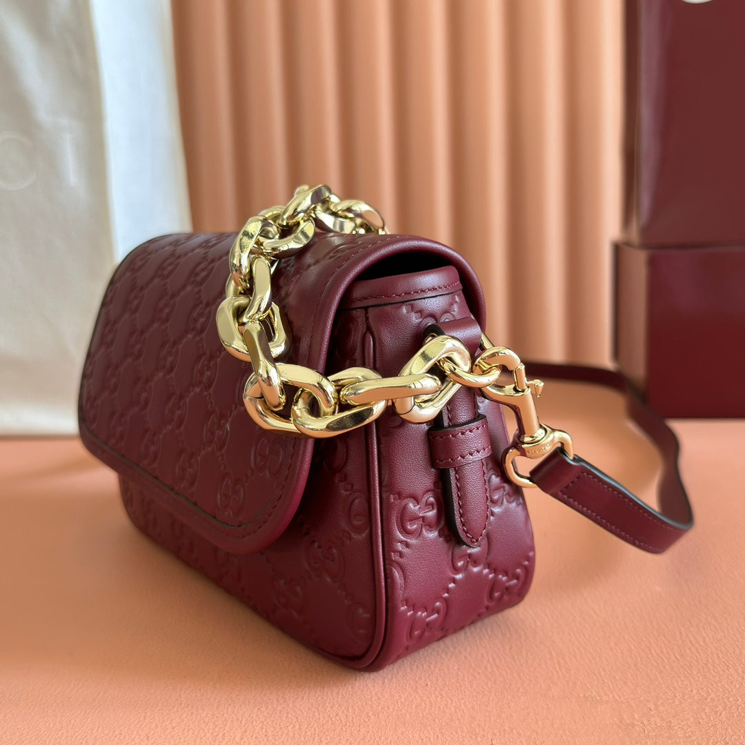 GG Emblem Medium Shoulder Bag Burgundy Embossed Cowhide