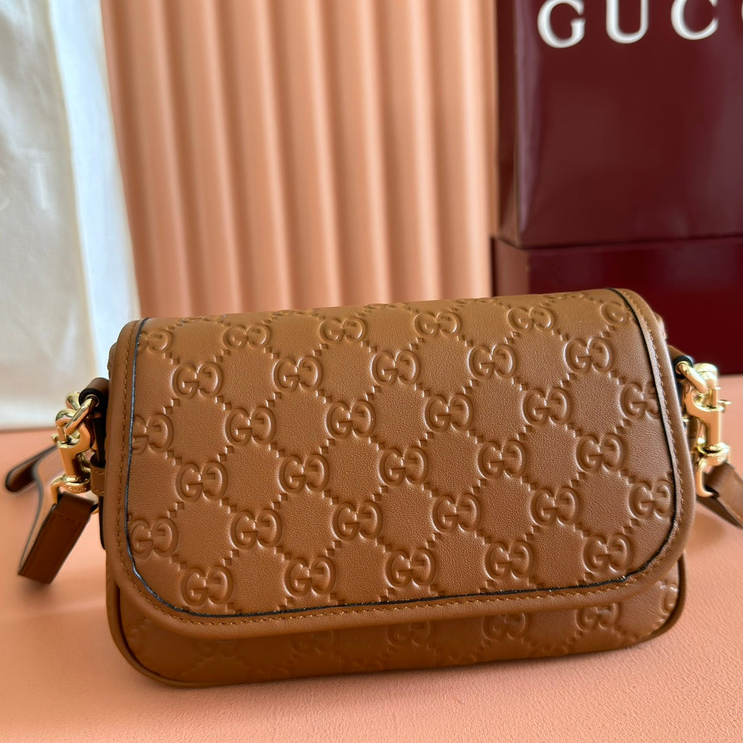 GG Emblem Medium Shoulder Bag Brown Embossed Cowhide