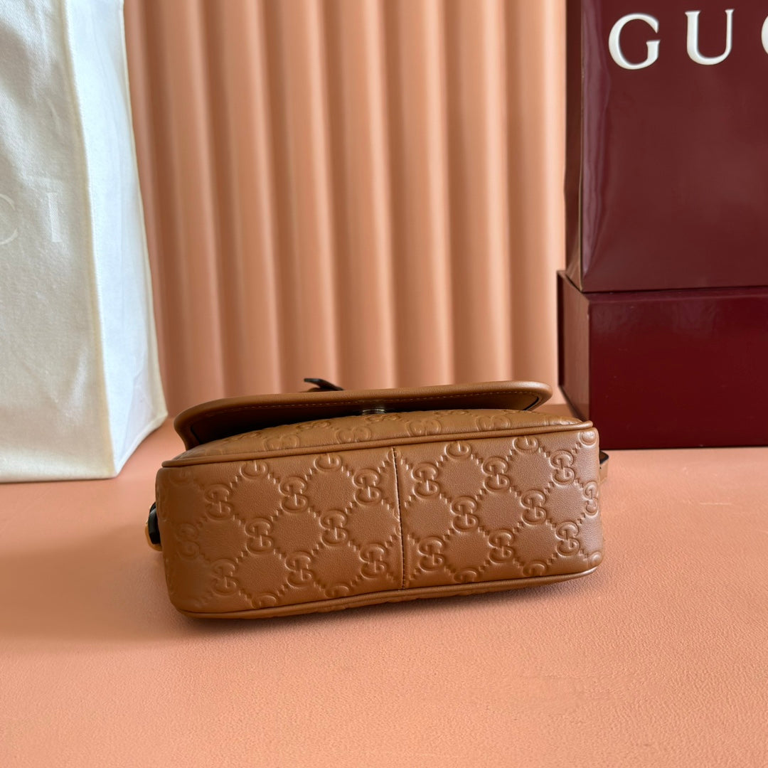 GG Emblem Medium Shoulder Bag Brown Embossed Cowhide