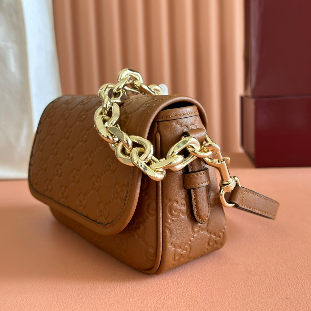 GG Emblem Medium Shoulder Bag Brown Embossed Cowhide