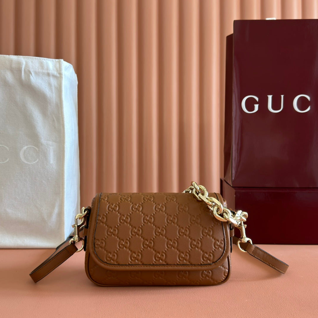 GG Emblem Medium Shoulder Bag Brown Embossed Cowhide