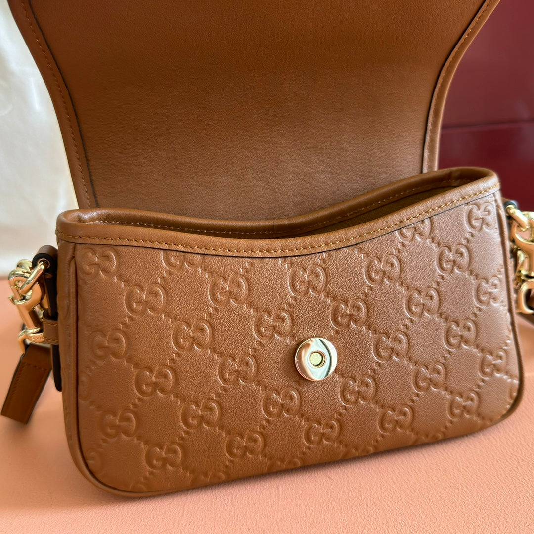 GG Emblem Medium Shoulder Bag Brown Embossed Cowhide