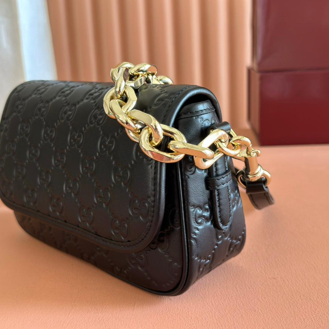 GG Emblem Medium Shoulder Bag Black Embossed Cowhide