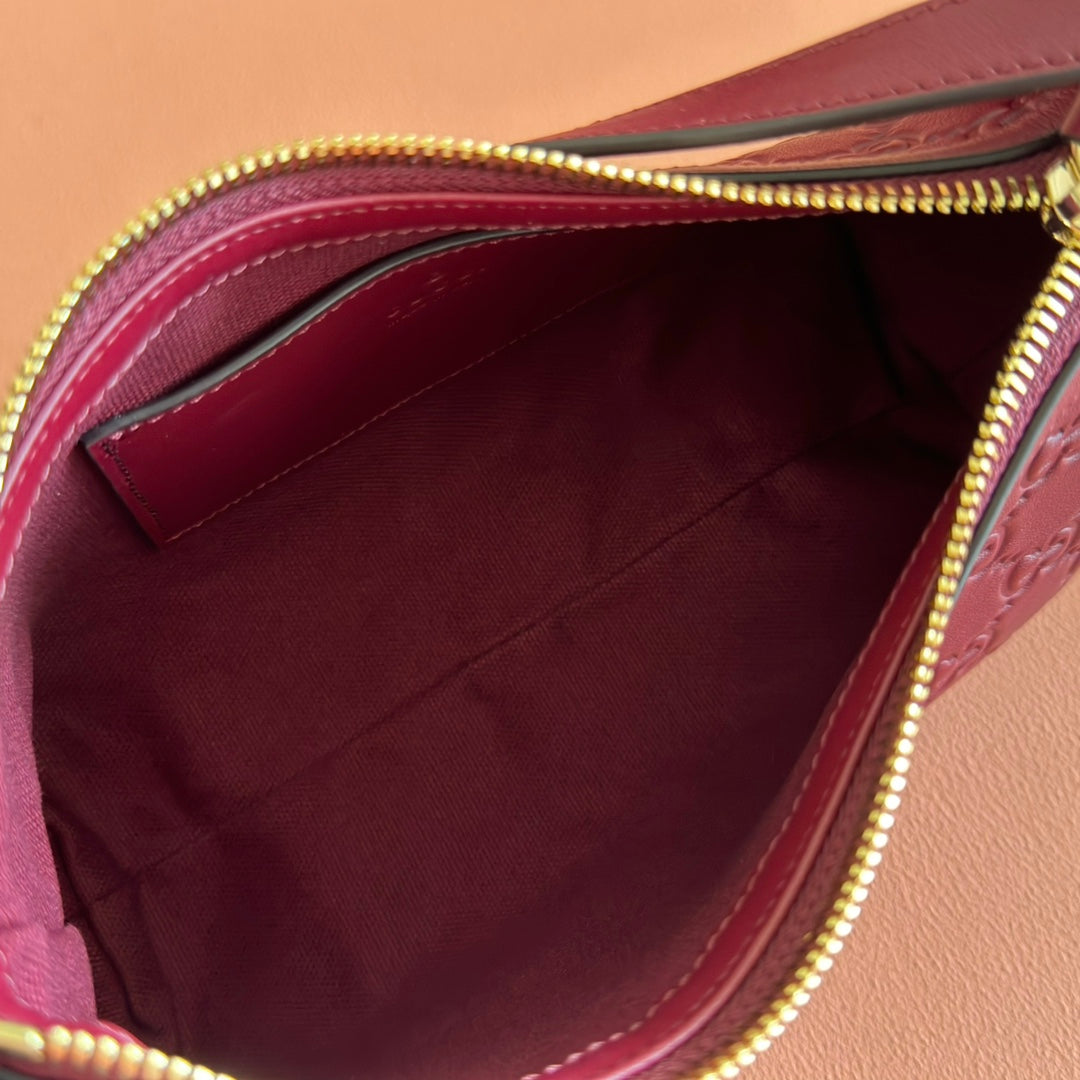 GG Emblem Shoulder Bag Burgundy Embossed Cowhide