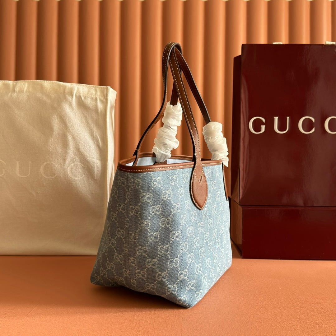 Gucci Totissima Tote Bag Light Blue Denim Canvas & Brown Leather.