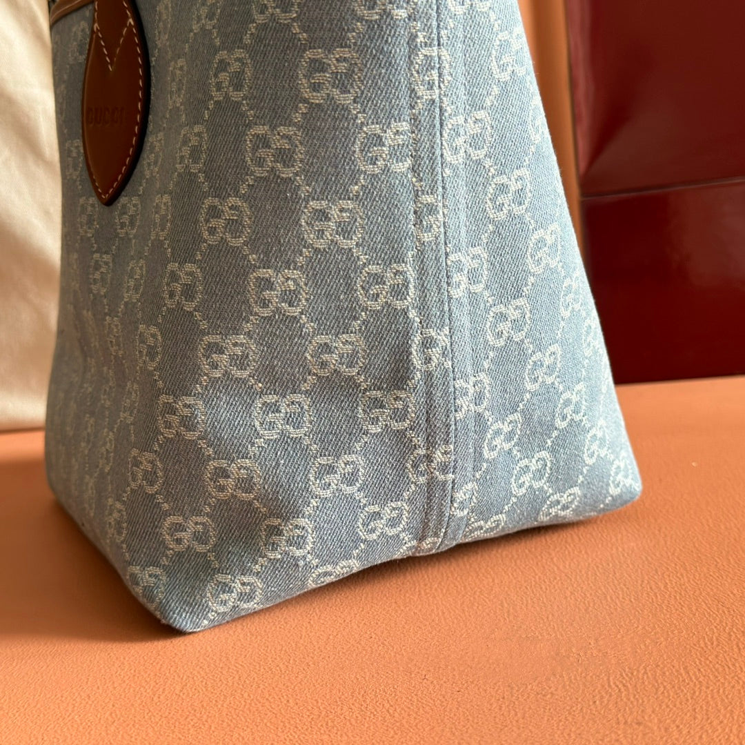 Gucci Totissima Tote Bag Light Blue Denim Canvas & Brown Leather.