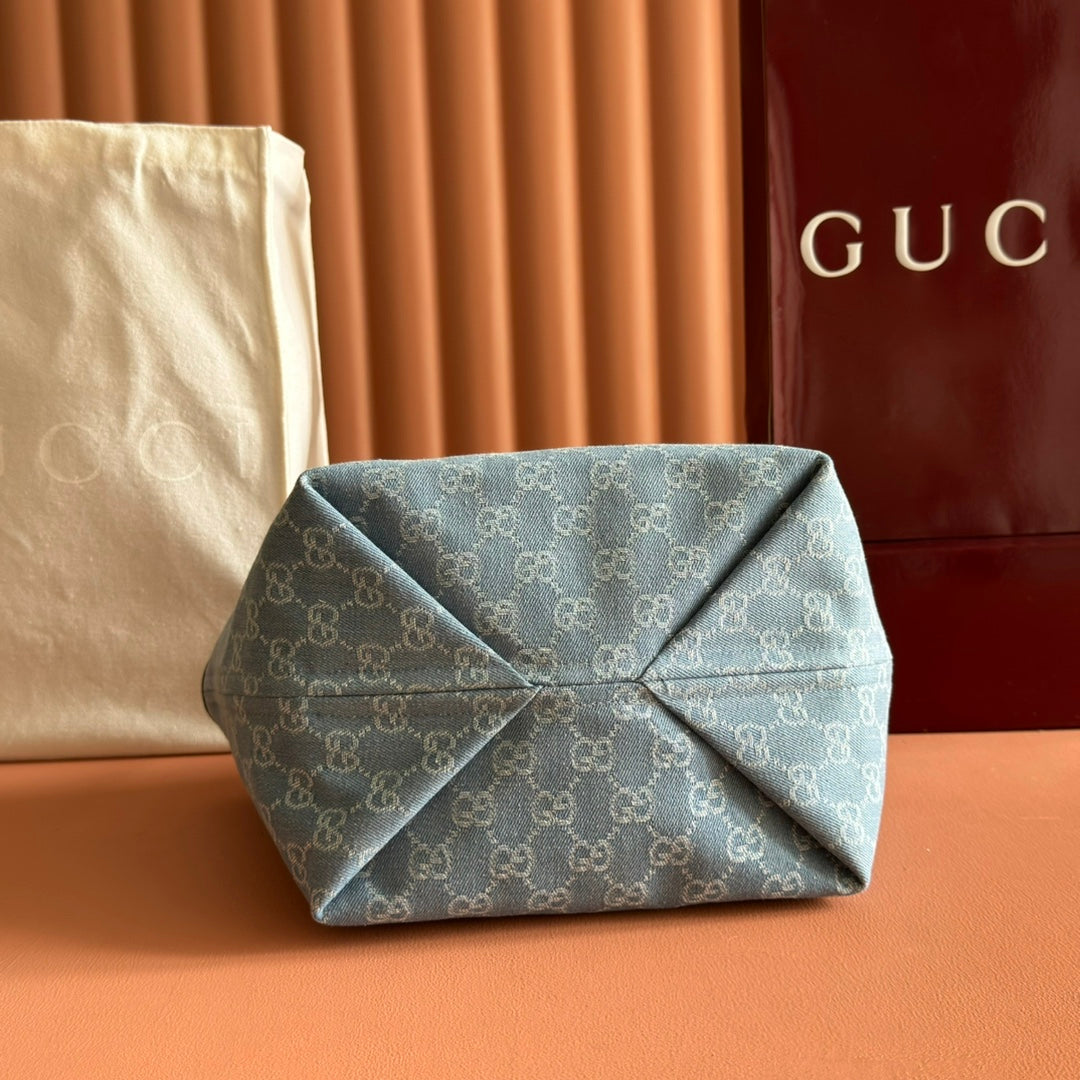 Gucci Totissima Tote Bag Light Blue Denim Canvas & Brown Leather.