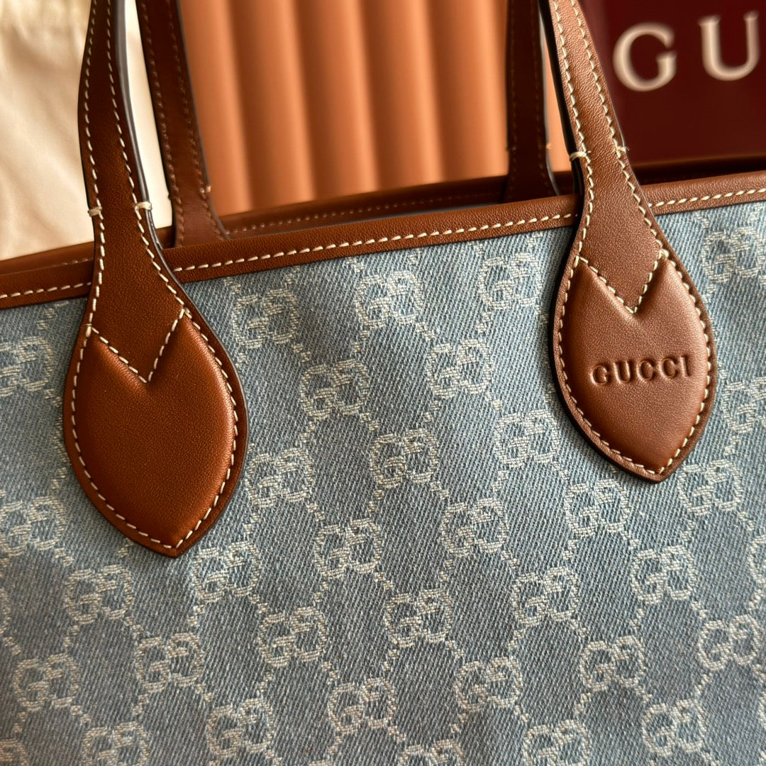 Gucci Totissima Tote Bag Light Blue Denim Canvas & Brown Leather.