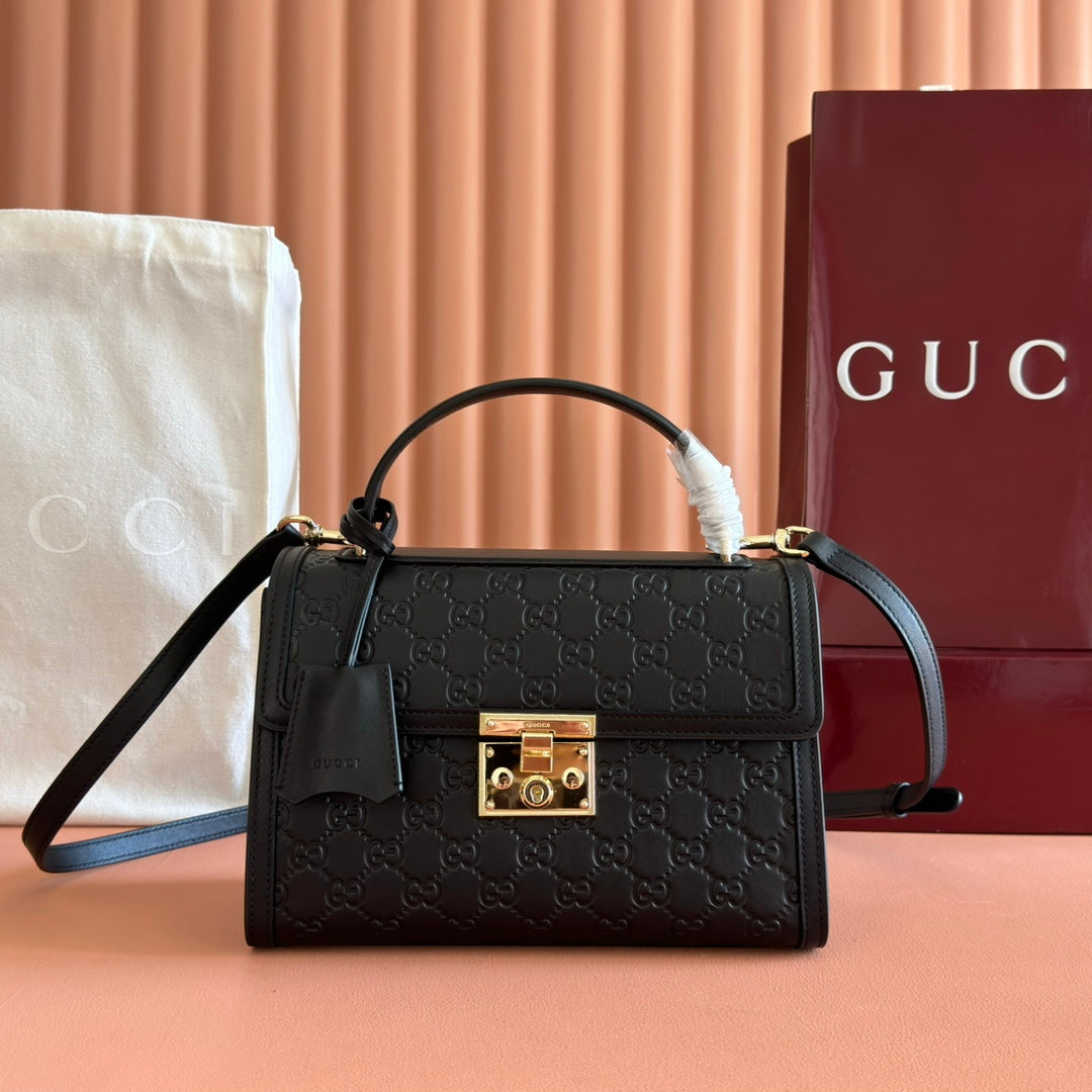 GG Padlock Handbag 26cm Black GG Pattern Leather